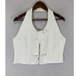 Coquette Clean Girl Womens XL White Bow Front Halter Zip Crop Top
